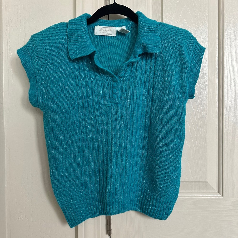 Vintage 80s/90s Teal Silk & Angora Blend Sparkle Knit Polo Top – Margules Size M